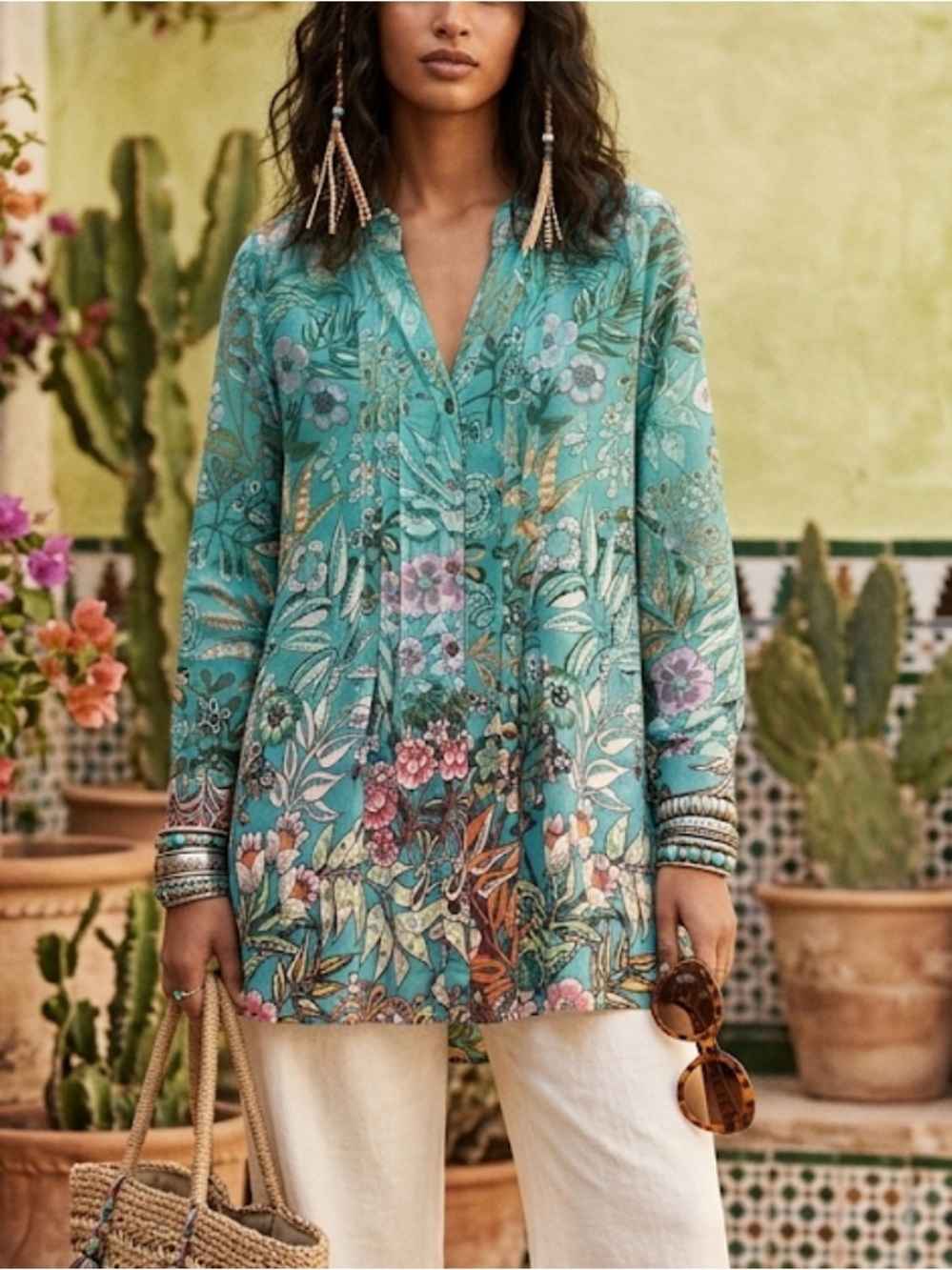 Soft Surroundings Tunic Top S Green Floral Chiffon Lined Button Long Sleeve Boho